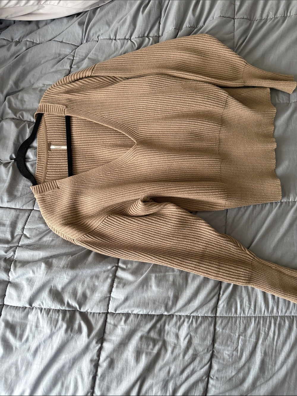 Free People Ribbed V-Neck Sweater in Beige